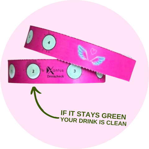 2 Pink Xantus Drinksafe wristbands with 4 tests on each wristband. Light pink background. Says "If it stays green your drink is clean"